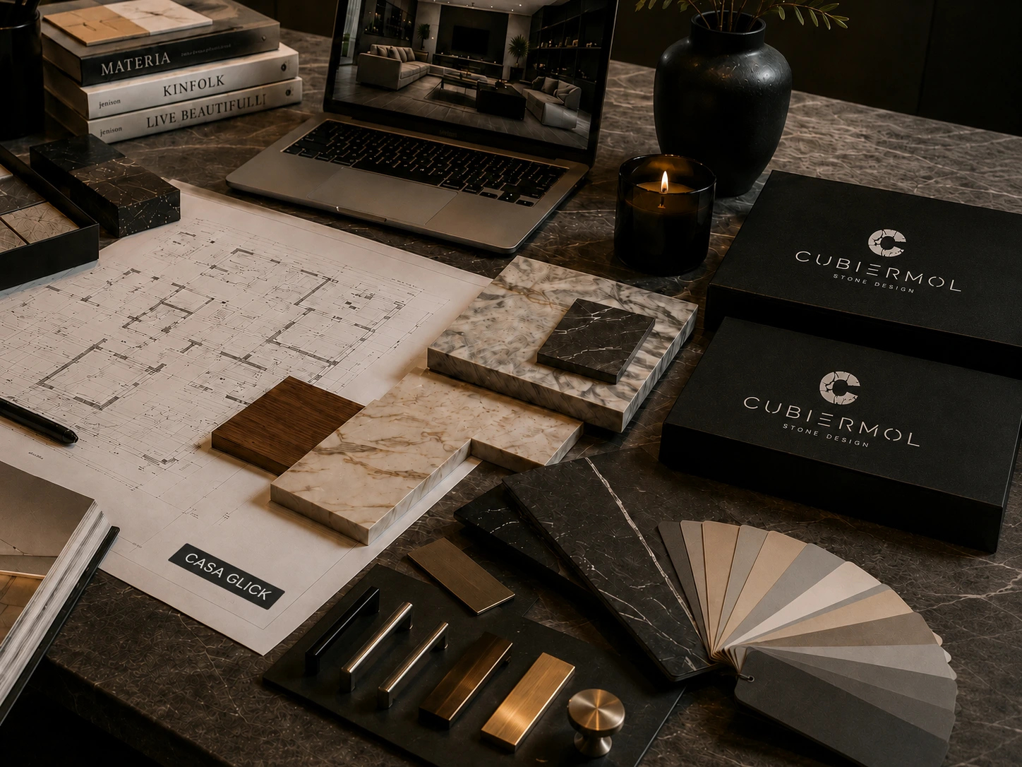 Selección editorial de materiales, texturas y acabados para interiores Casa Glick