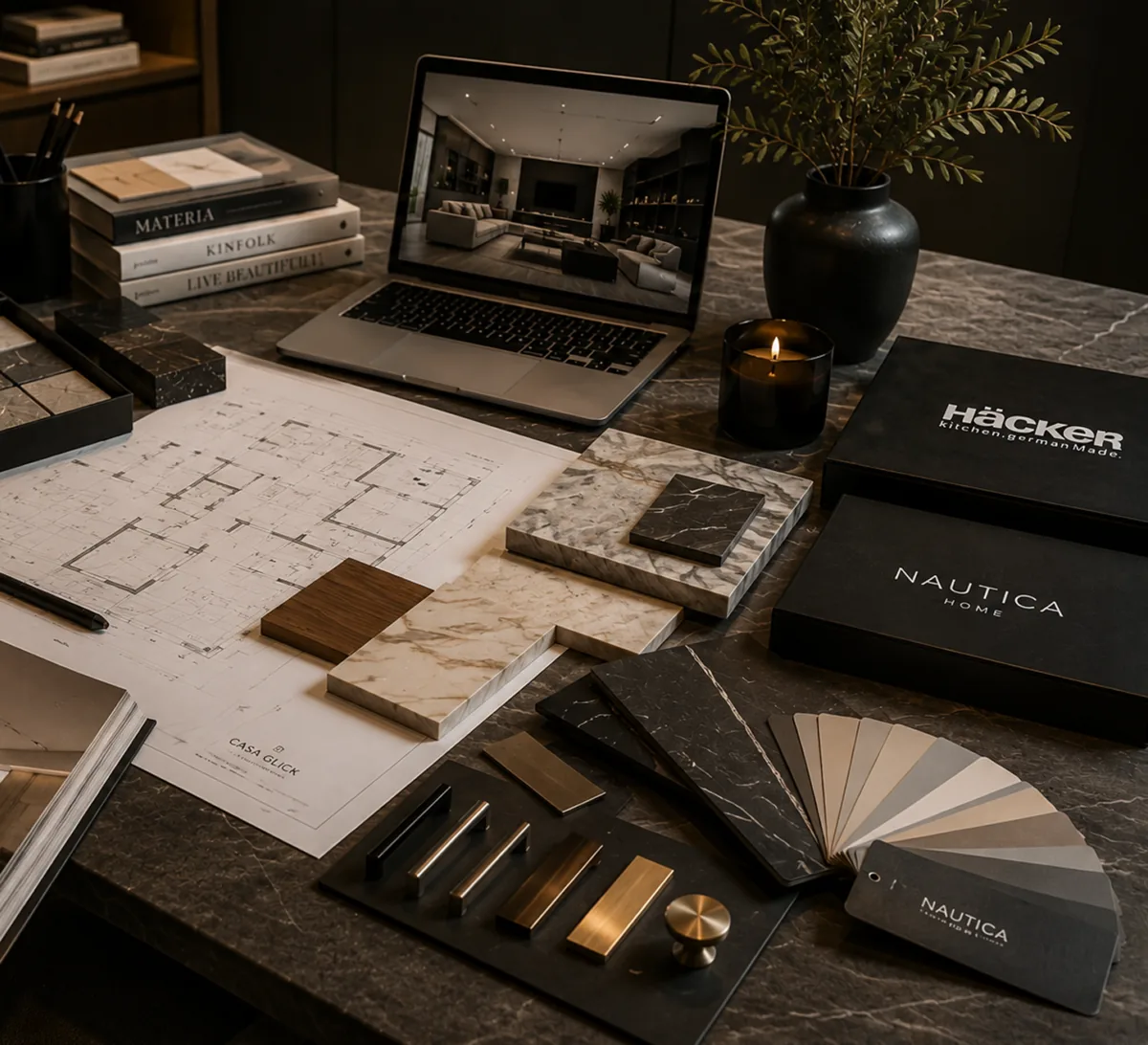 Mesa de trabajo Casa Glick con planos, muestras de mármol, acabados y selección de materiales
