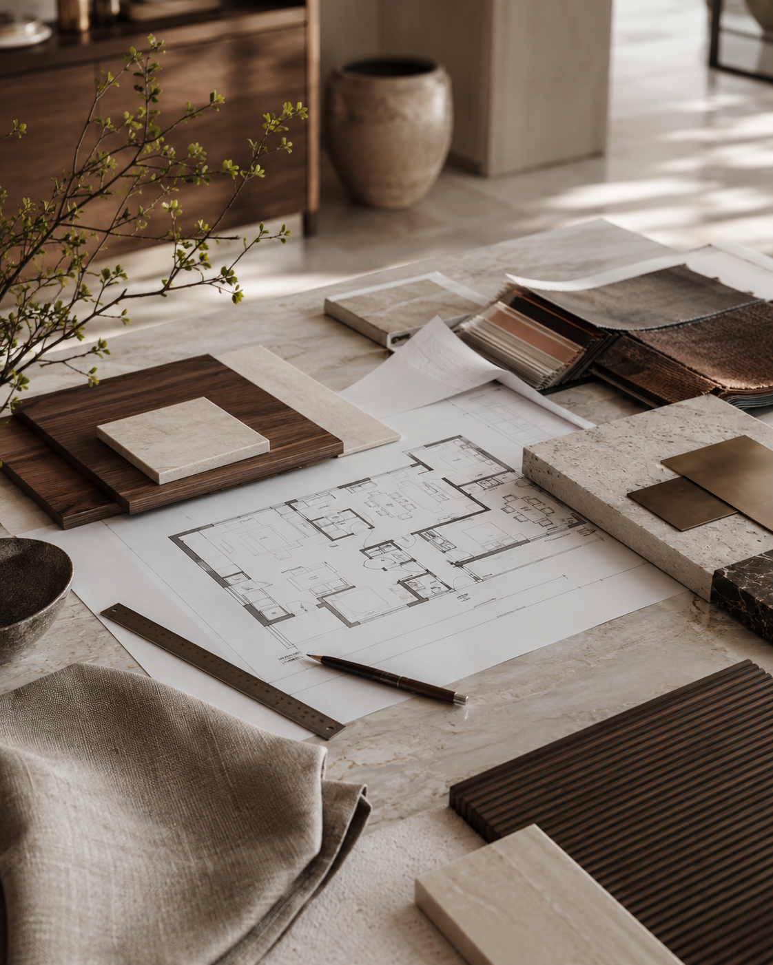 Mesa de trabajo Casa Glick con muestras de materiales y planos
