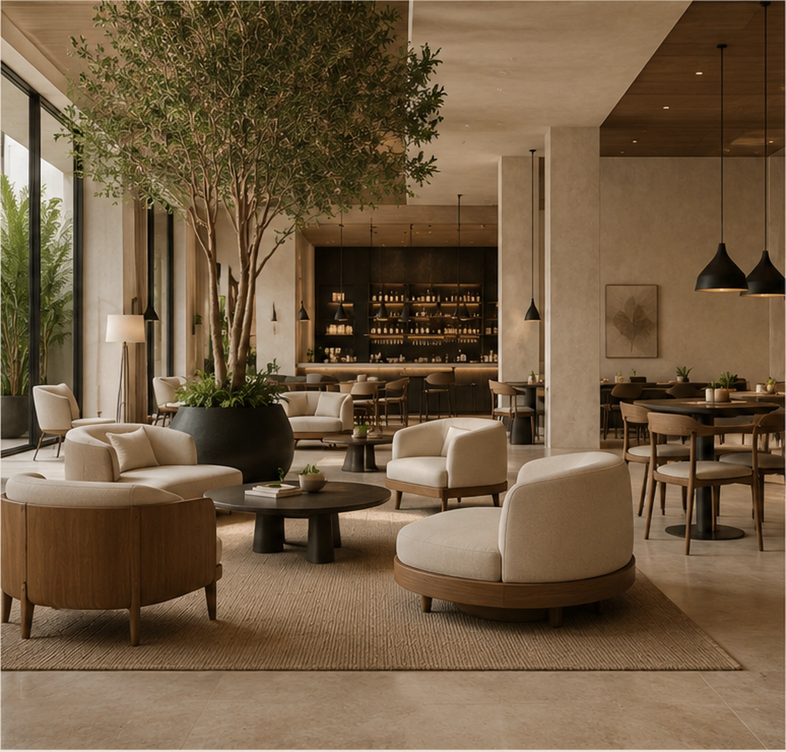 Ambiente Casa Glick en lobby contemporáneo con mobiliario cálido