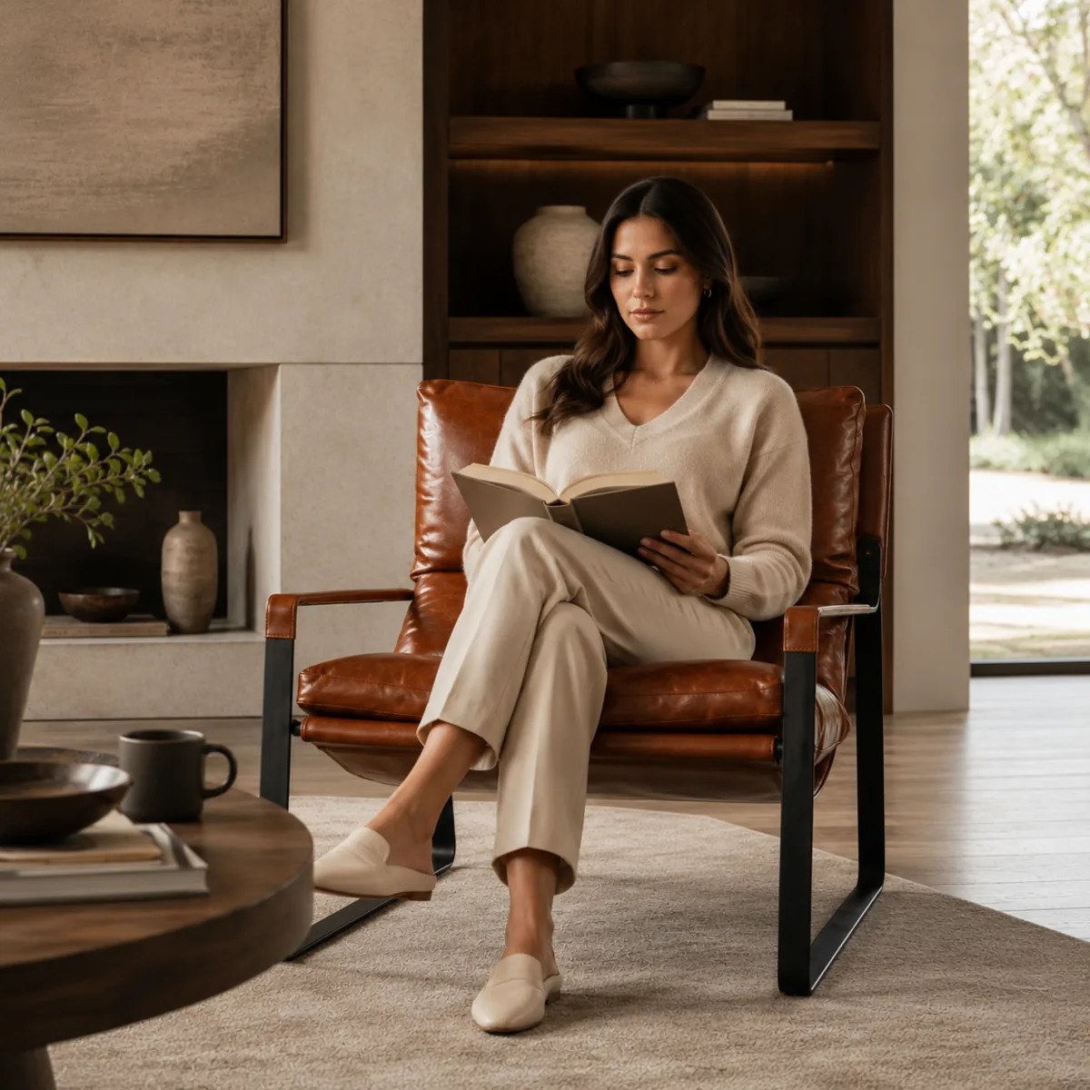Ambiente Casa Glick con mujer leyendo en poltrona de cuero marrón